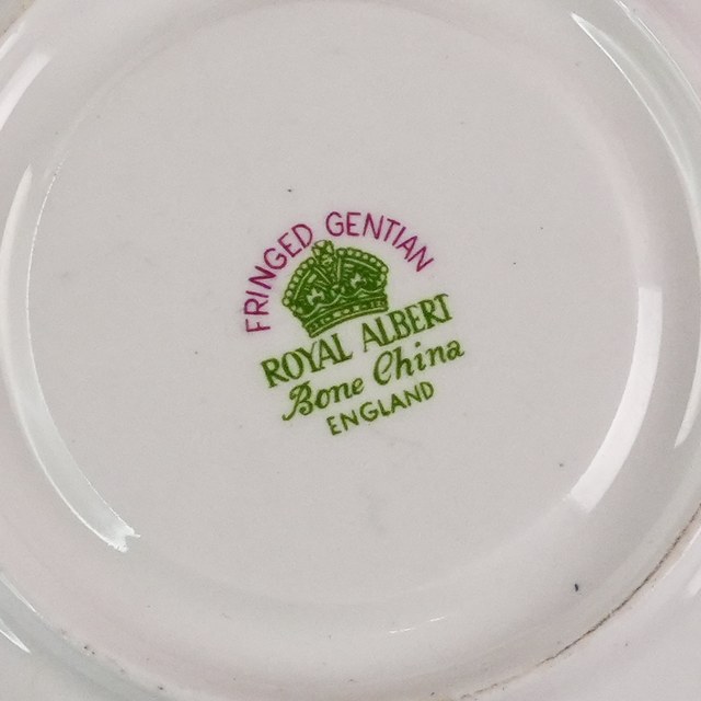 Green Royal Albert mark reading Fringed Gentian, Royal Albert, Bone China, England