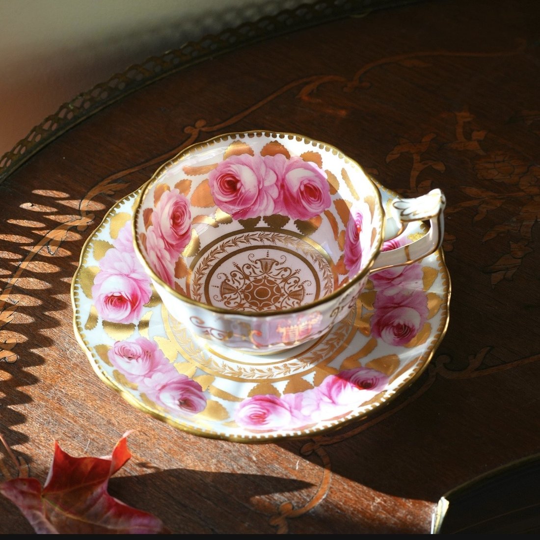 Antique 1820s-30s Coalport teacup and saucer, hand-painted pink cabbage roses with heavy raised gilding