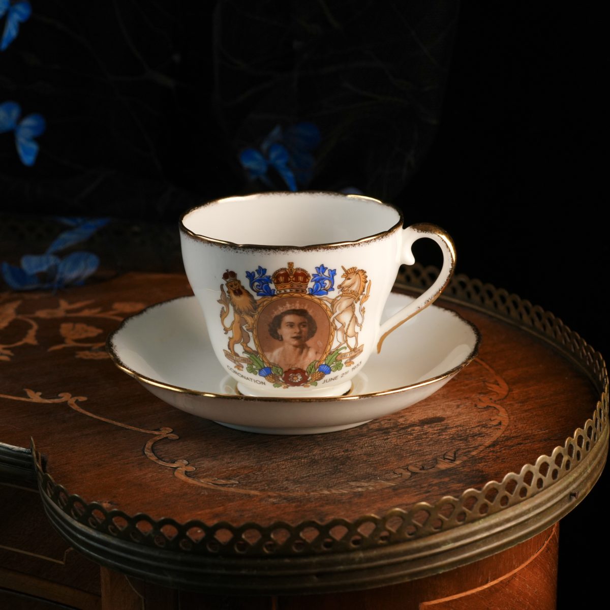 Vintage Adderley Coronation Teacup And Saucer 1953 – Queen Elizabeth II Portrait, Royal Arms, EIIR Cypher, Fine Bone China England