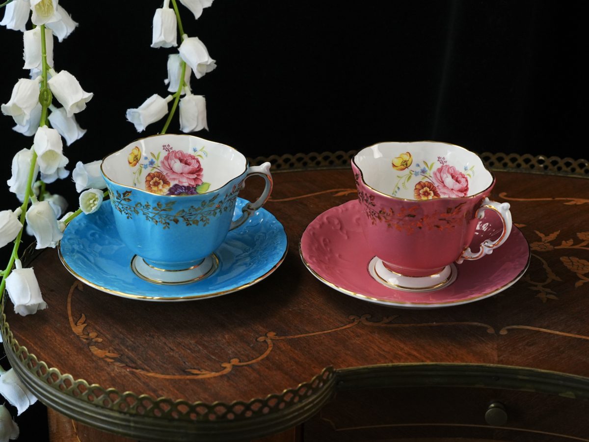 Vintage Aynsley Cottage Bouquet Teacup & Saucer – Paneled Square Rim, Turquoise Blue or Coral Pink Choice, Bone China, England 1960s