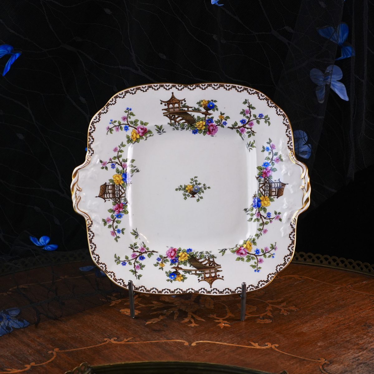 Vintage Aynsley Chinoiserie Cake Plate – Pagoda Floral Pattern A3953, Greek Key Border, Embossed Square Handled, Bone China England 1930s