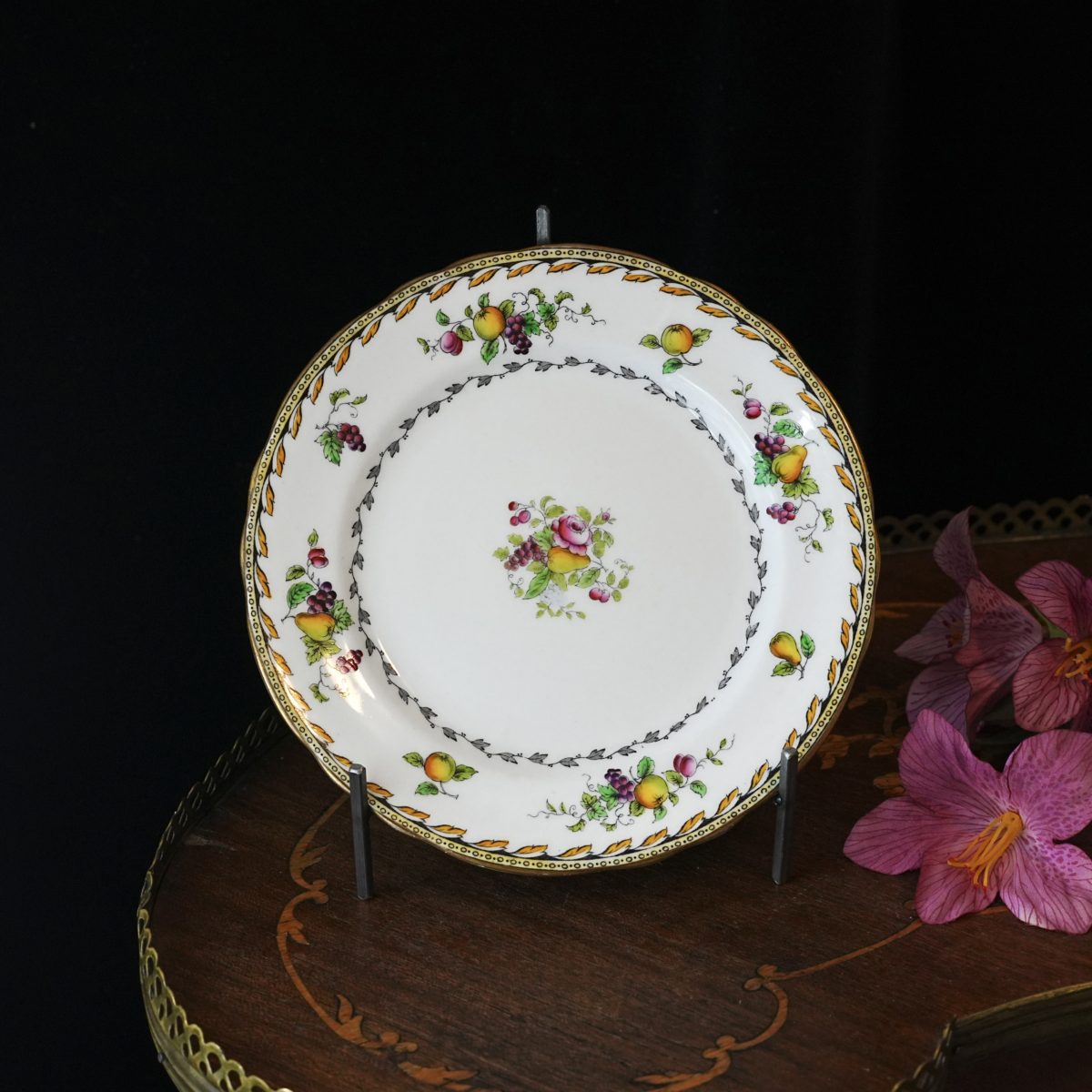 Vintage Aynsley Fruit & Flower Plate – Hand Coloured Rose Grape Pear, Ribbon Swag Border, Green Mark, Bone China, England 1930s