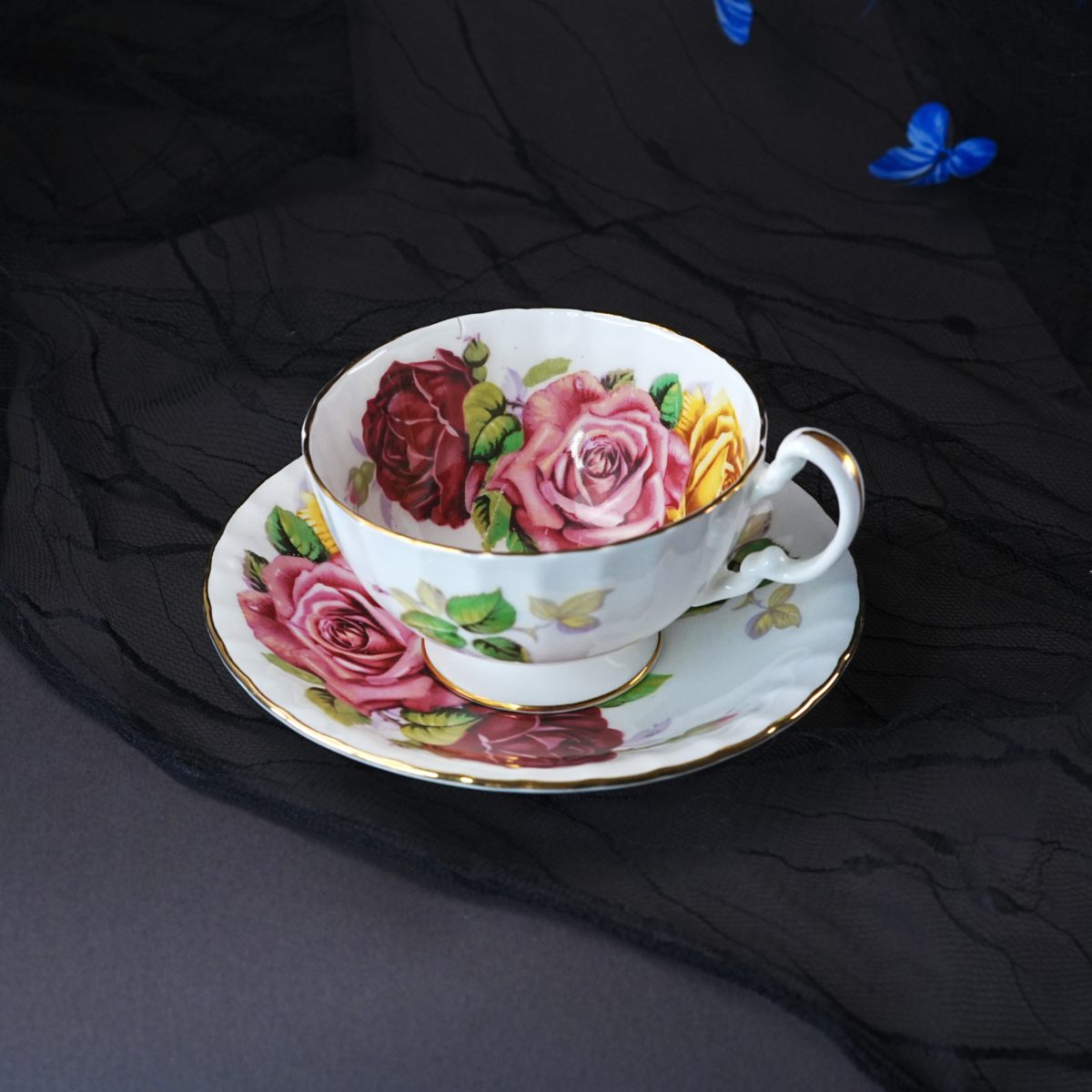 Vintage Aynsley Hand-Tinted Cabbage Rose Teacup & Saucer – Burgundy Pink Yellow Blooms, Soft Green Ground, Bone China, England 1960s