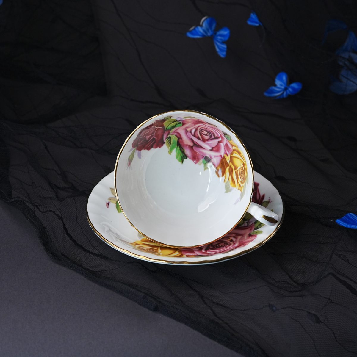 Vintage Aynsley Hand-Tinted Cabbage Rose Teacup & Saucer photo 4
