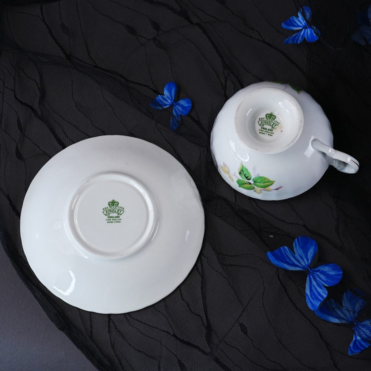 Maker's mark on the base of Vintage Aynsley Hand-Tinted Cabbage Rose Teacup & Saucer