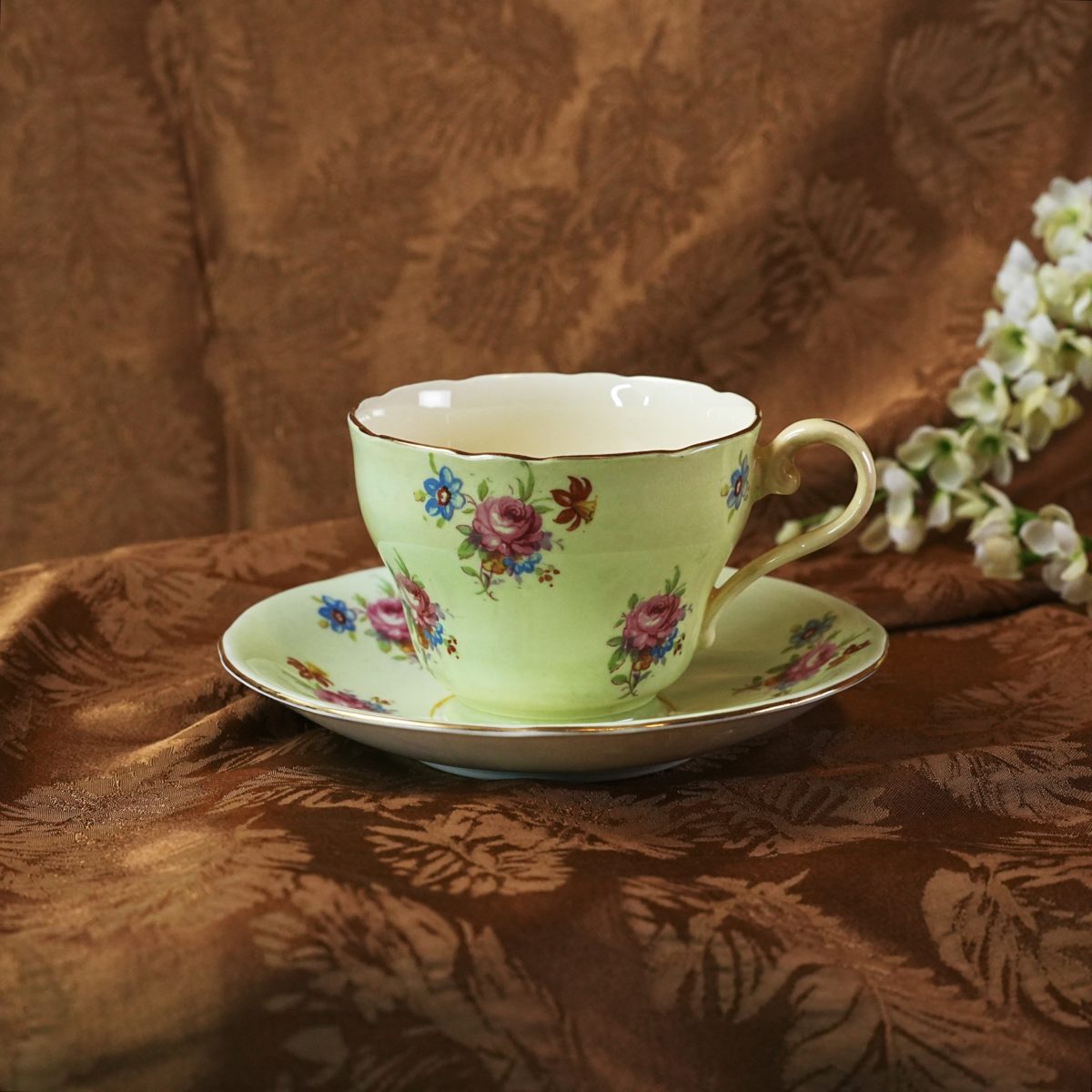 Vintage Aynsley Mint Green Teacup & Saucer – Hand-Tinted Pink Rose Bouquets, Cornflower & Marigold, Gilt Trim, Bone China, England 1940s