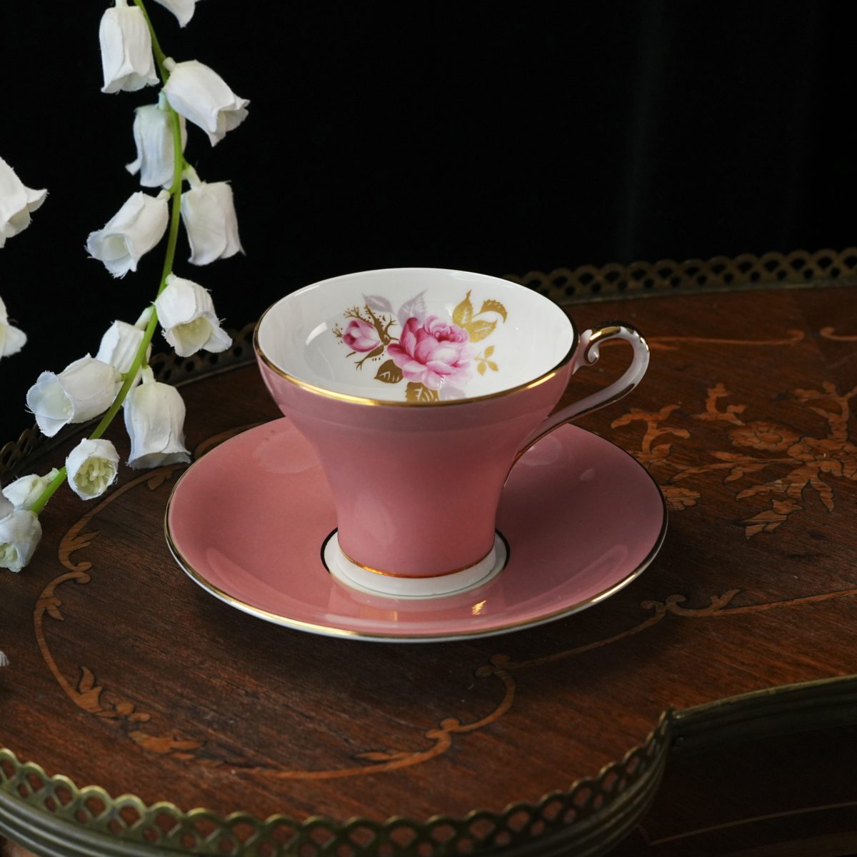 Vintage Aynsley Pink Corset Teacup & Saucer – Hand Painted Cabbage Rose Interior, Dusty Rose Glaze, Bone China, England 1960s