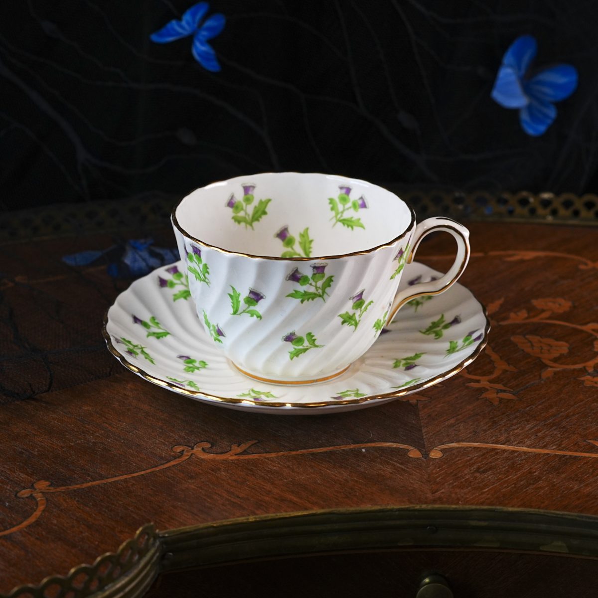 Vintage Aynsley Thistle Teacup and Saucer – Scots Pattern 15287, Swirl Fluted Body, Hand Painted Purple Blooms, Bone China England 1930s