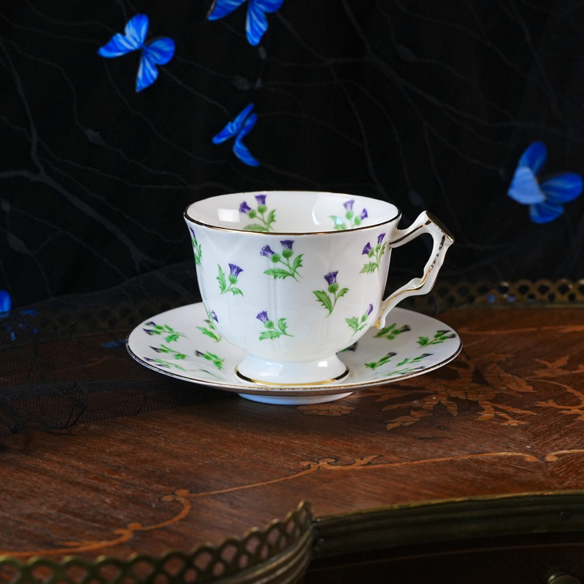 Vintage Aynsley Scots Thistle Teacup and Saucer – Pattern 15287, Hand Painted Purple Thistles, Fluted Panels, Bone China England 1940s