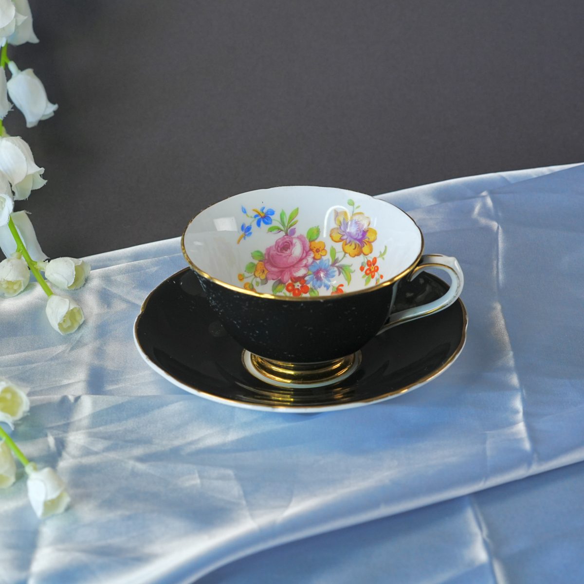Black Bone China Floral Bouquet Interior Teacup