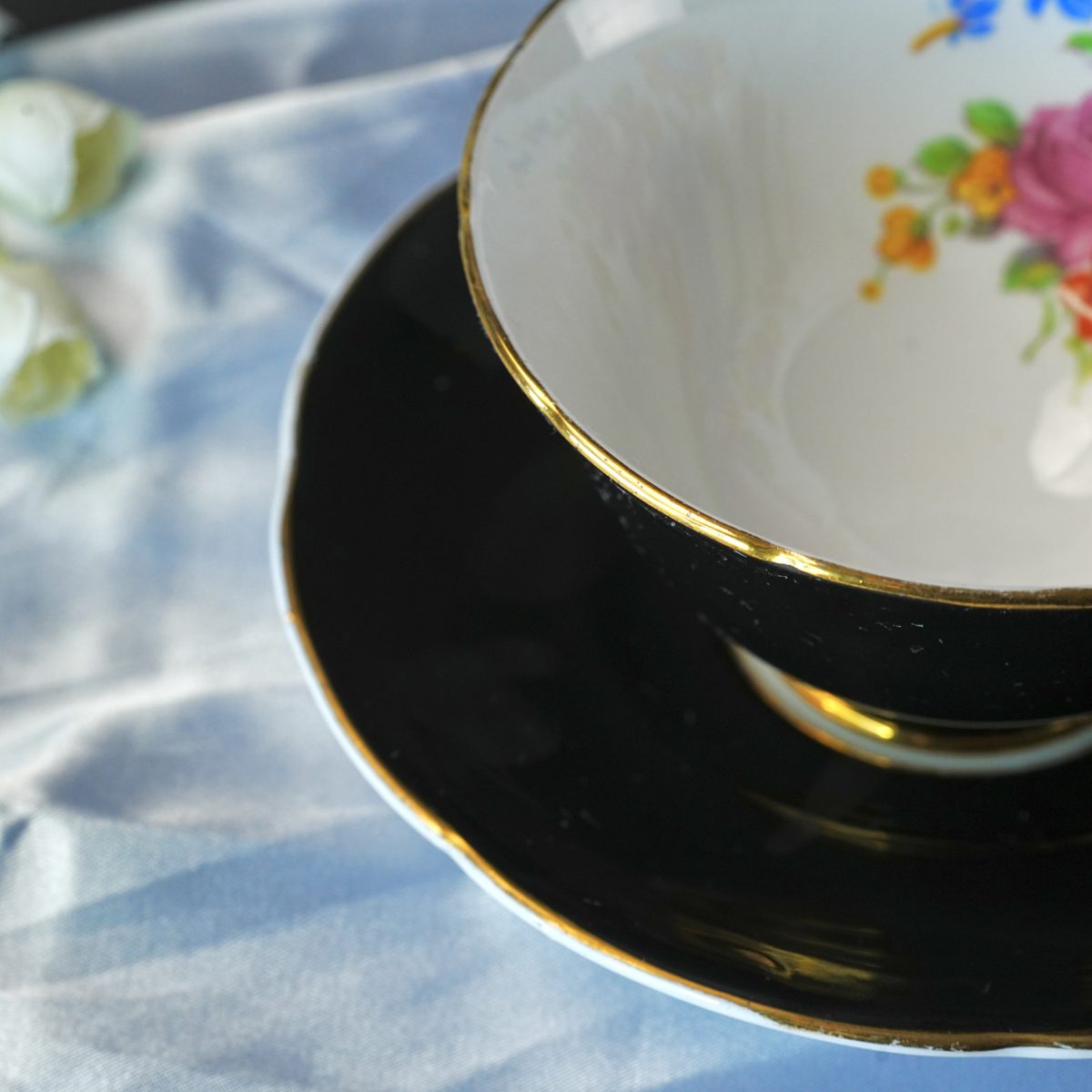 Black Bone China Floral Bouquet Interior Teacup photo 2