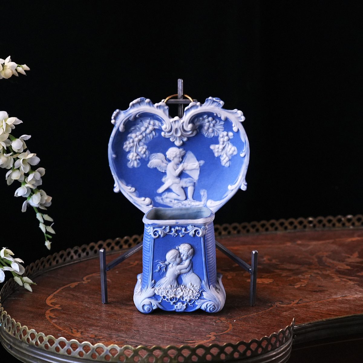 Vintage Schafer & Vater Blue Jasperware Cherub Heart Tray and Vase Set – White Relief Putti on Dolphin, Baroque Scrollwork, Kissing Children, German Stoneware, Wall Hanging