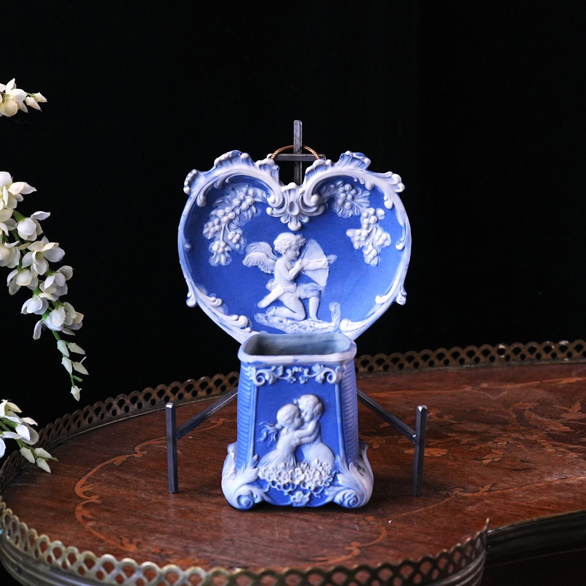 Vintage Schafer & Vater Blue Jasperware Cherub Heart Tray and Vase Set photo 2