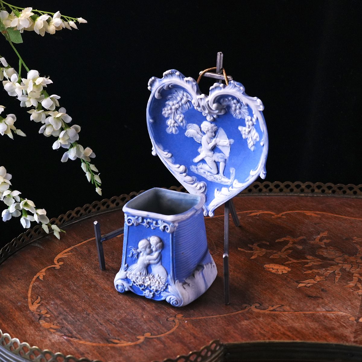 Vintage Schafer & Vater Blue Jasperware Cherub Heart Tray and Vase Set photo 3