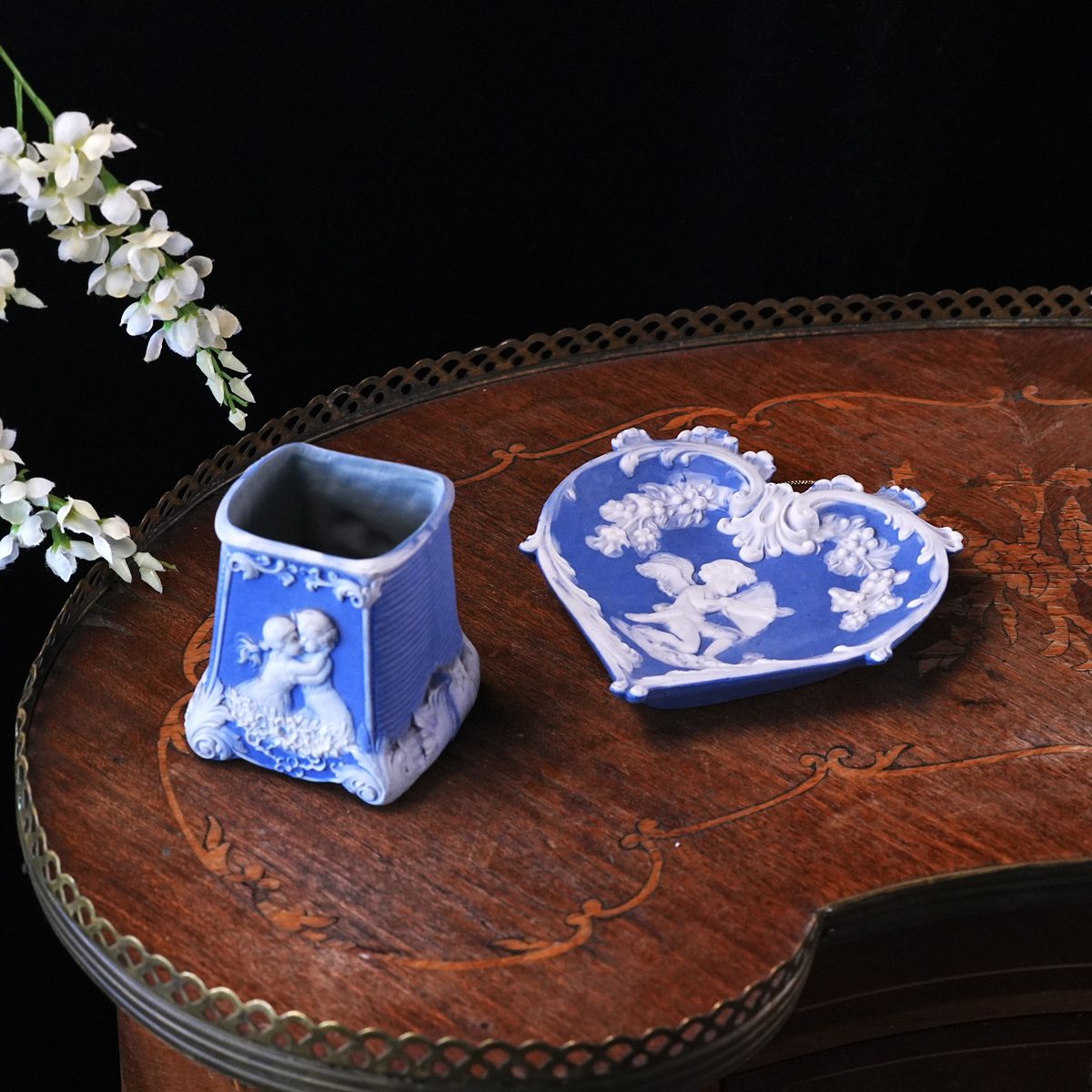 Vintage Schafer & Vater Blue Jasperware Cherub Heart Tray and Vase Set photo 4