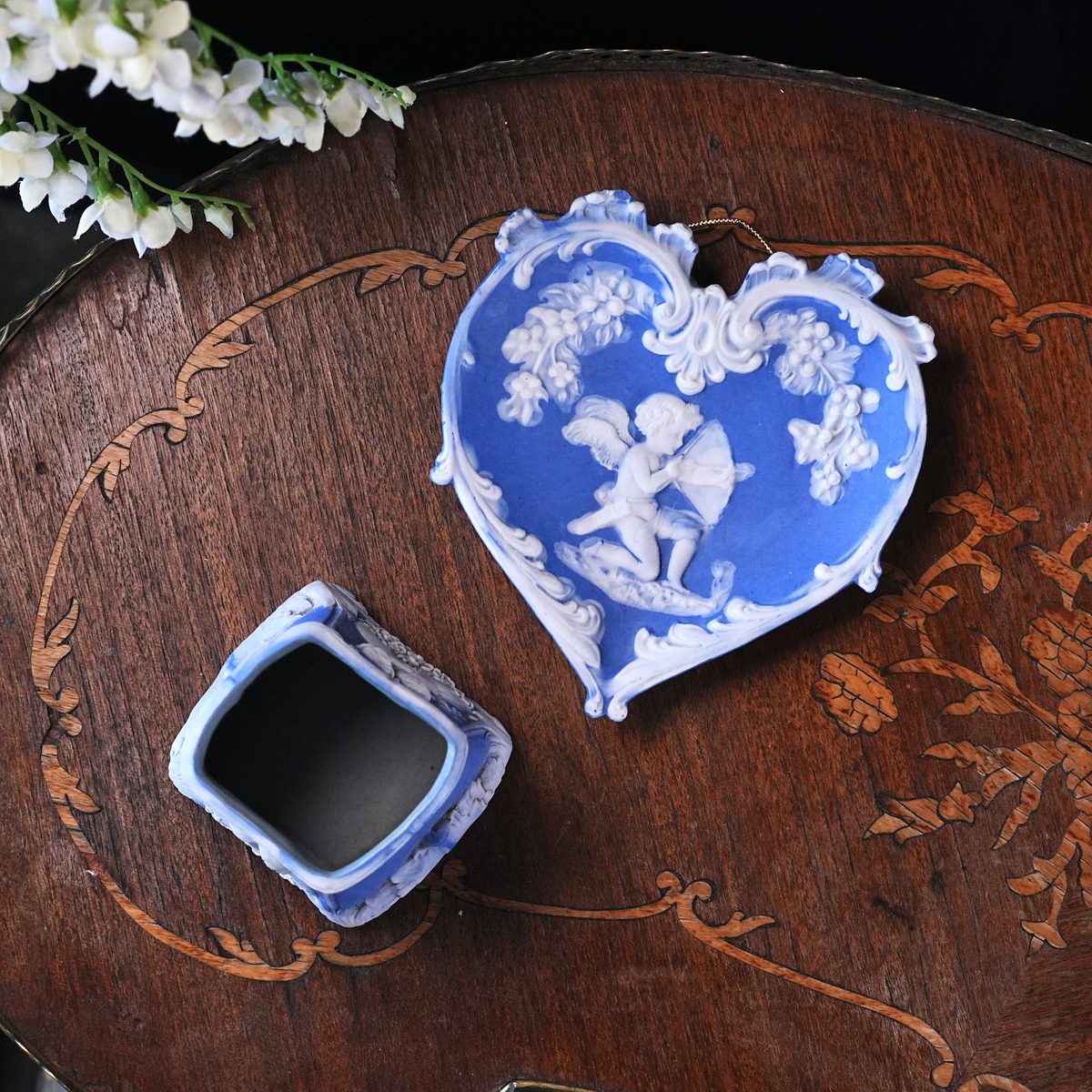Vintage Schafer & Vater Blue Jasperware Cherub Heart Tray and Vase Set photo 5