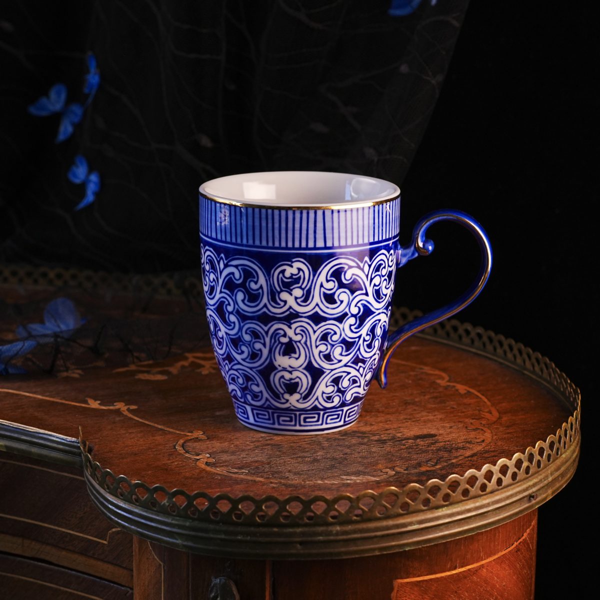 Vintage Bombay Company Cobalt Mug – White Scrolling Arabesque On Blue, Greek Key Band, Gilt Rim, Iznik Style Porcelain, Canada Market