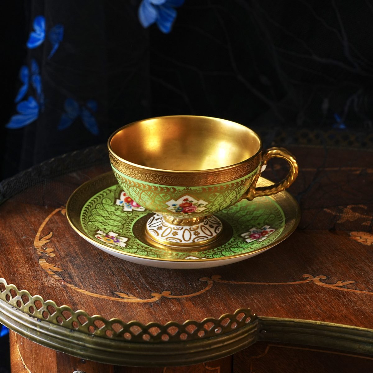 Antique Cauldon Apple Green Cabinet Teacup Saucer – Fully Gilded Interior, Acid Etched Gold, Painted Reserves, Rope Handle, Edwardian 1910s