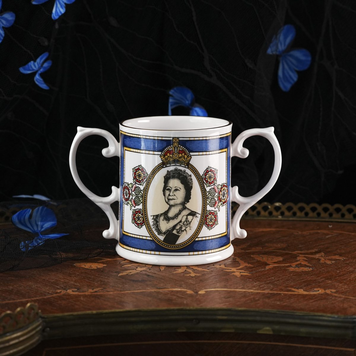 Vintage Caverswall Queen Mother 90th Birthday Loving Cup – Heritage Collection, Royal Arms, Tudor Roses, Gilt Bone China, England 1990