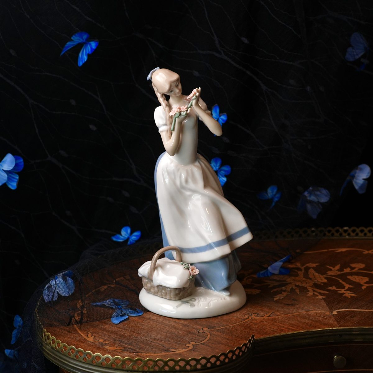 Vintage Cecilia The Carnation Maiden Figurine – Franklin Mint, Sculpted by Lladro Artist Fulgencio Garcia, Handmade Porcelain Spain, 1980s