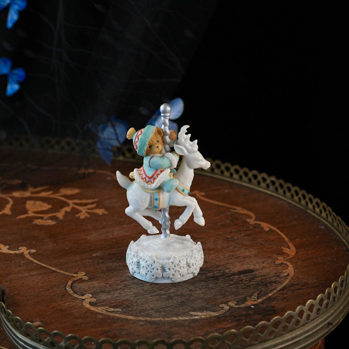 Vintage Cherished Teddies Frosty Fun Avon Exclusive Figurine – Carousel Reindeer Not Horse, Glittered Winter Finish, Enesco Group 2005