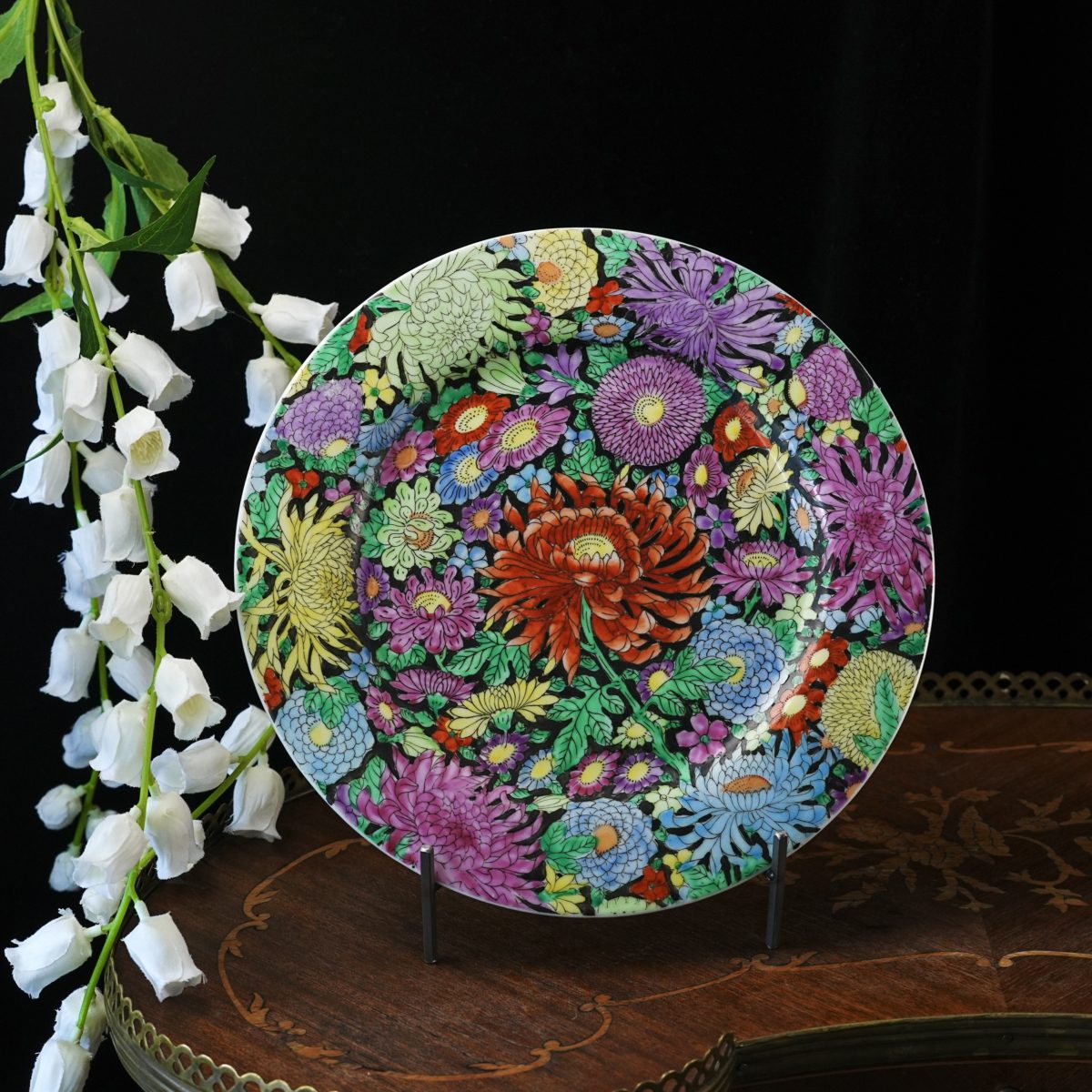 Antique Chinese Famille Rose Mille Fleurs Chrysanthemum Plate – Jingdezhen Republican Period, Black Ground Hundred Flowers, China 1930s
