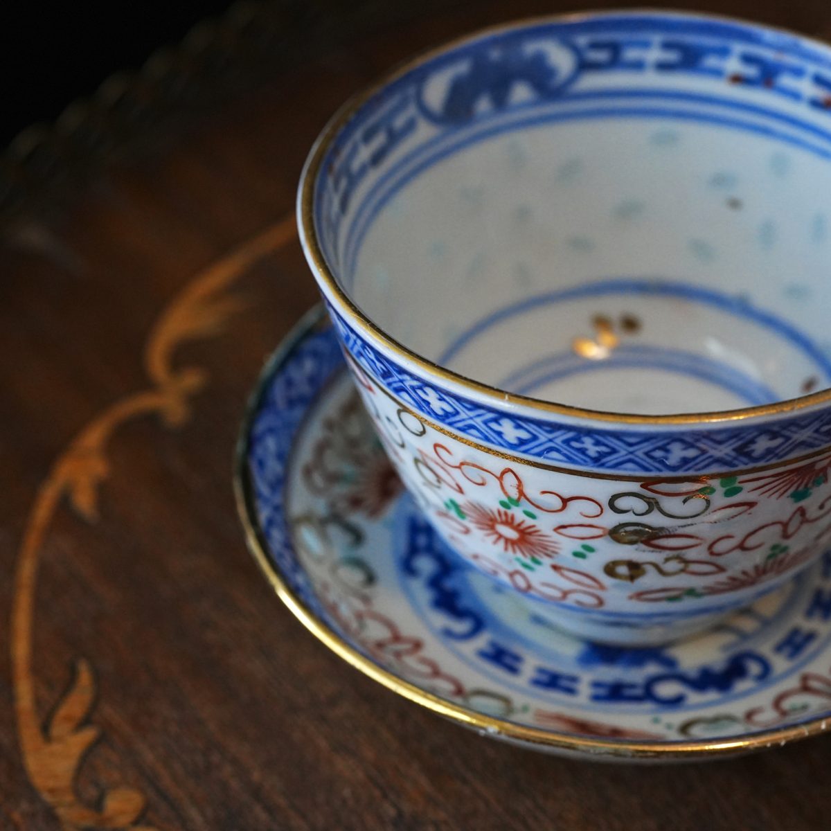 Vintage Chinese Rice Grain Porcelain Tea Bowl & Saucer photo 2