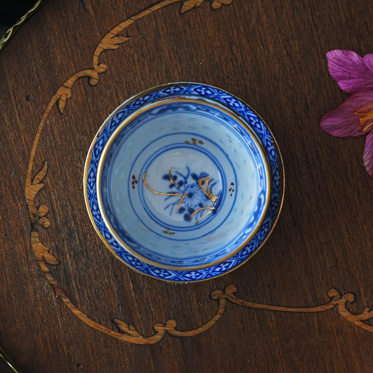 Vintage Chinese Rice Grain Porcelain Tea Bowl & Saucer photo 3