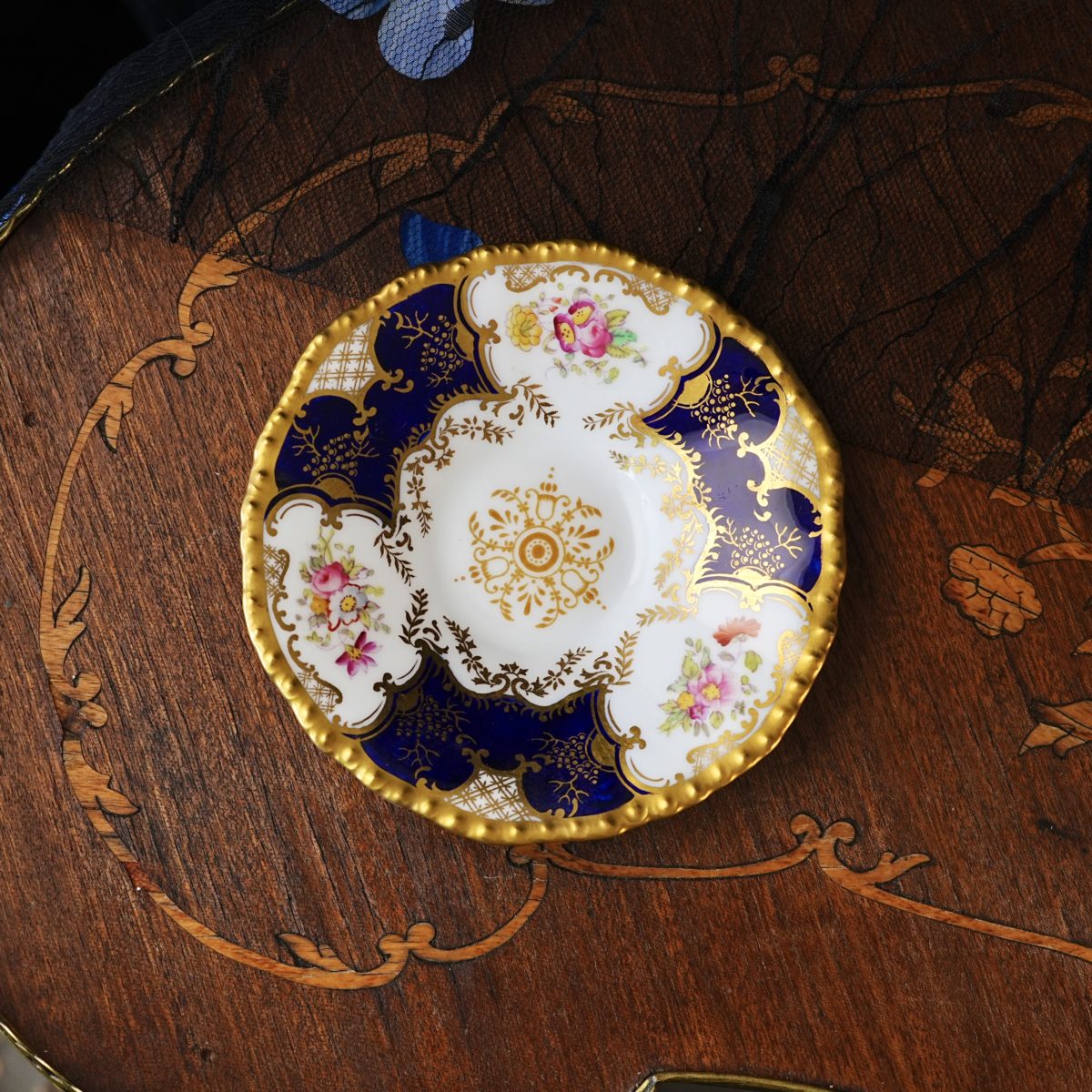 Antique Coalport Cobalt Blue Gilt Saucer, No Cup – Four Hand Painted Floral Reserves, Gadrooned Rim, Bone China c1900, Small Display Dish