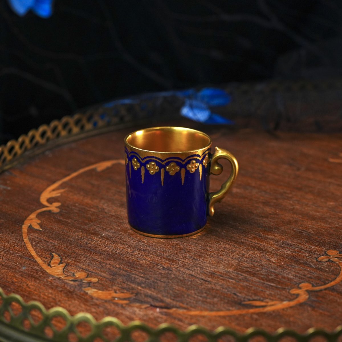 Antique Coalport Cobalt Blue Demitasse Cup – Raised Gold Beading, Full Gilt Interior, Coffee Can Shape, Bone China, England c. 1900
