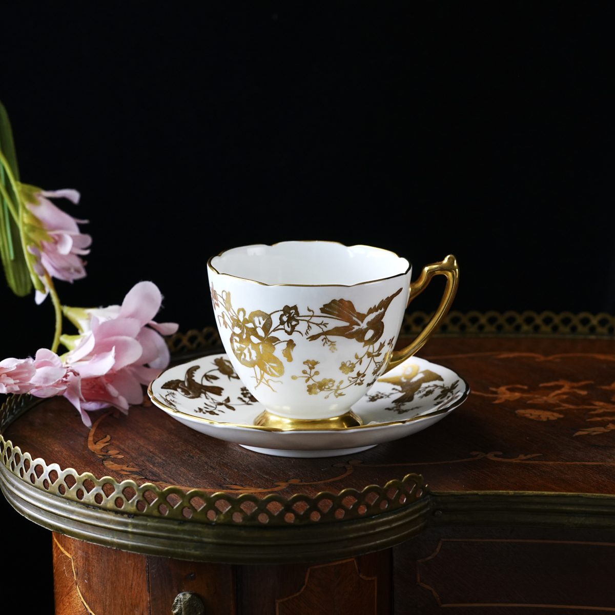 Vintage Coalport Cairo Gold Bird and Floral Teacup and Saucer – Golden Songbirds, Butterflies, Scalloped Rim, Gilt Handle, Bone China, England 1960s