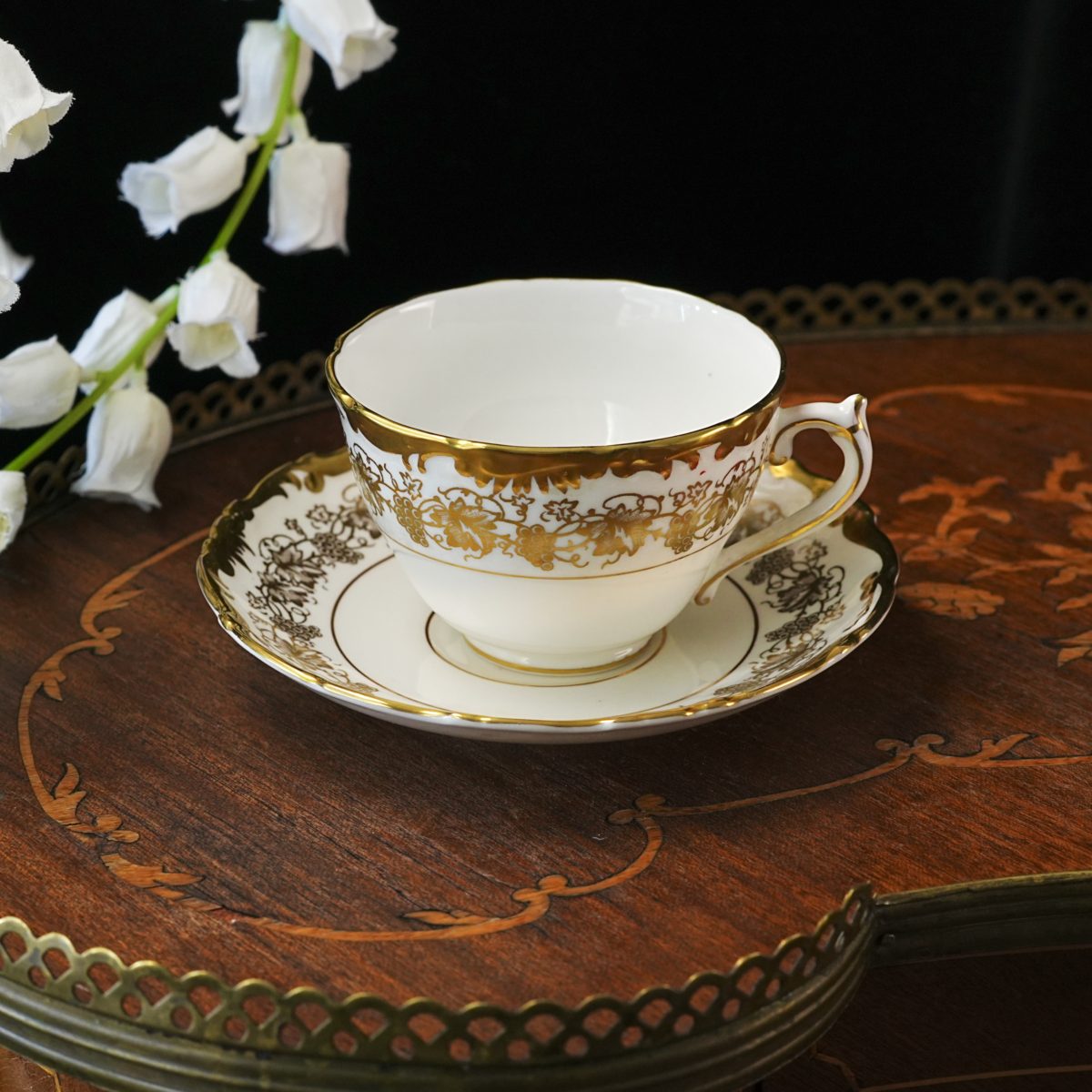 Vintage Coalport Hazelton Teacup & Saucer – Gold Encrusted Grape Vine Border, Cream Bone China, England Cabinet Cup 1950s