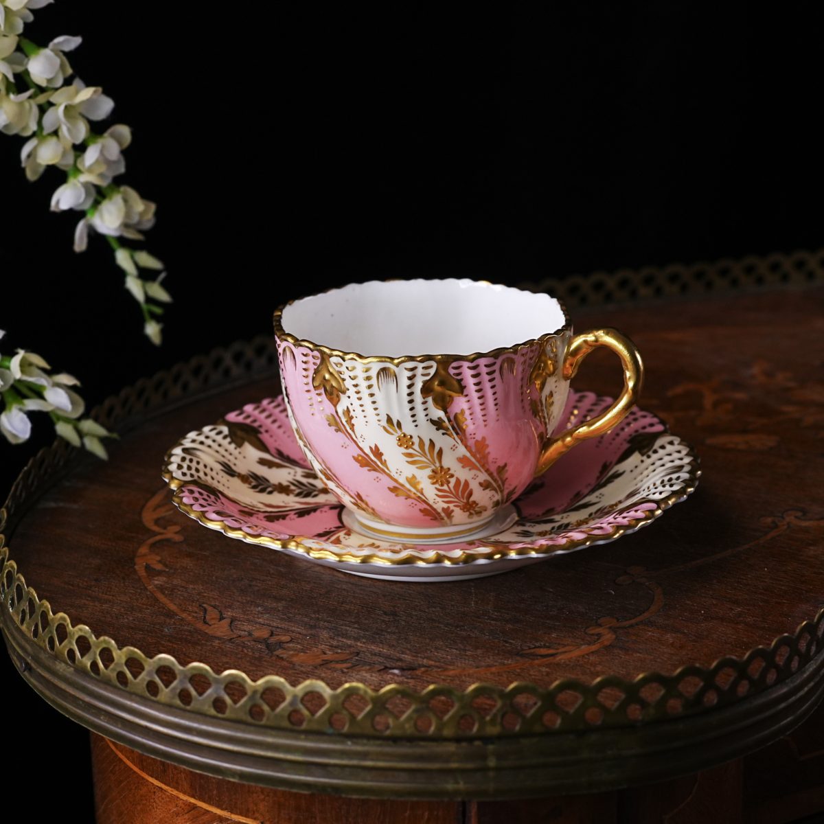 Vintage Coalport Pink & Gold Jewelled Cabinet Cup and Saucer – Raised Gold Dots, Burnished Gilt Fern, Swirl Shape, Pattern 9647, England