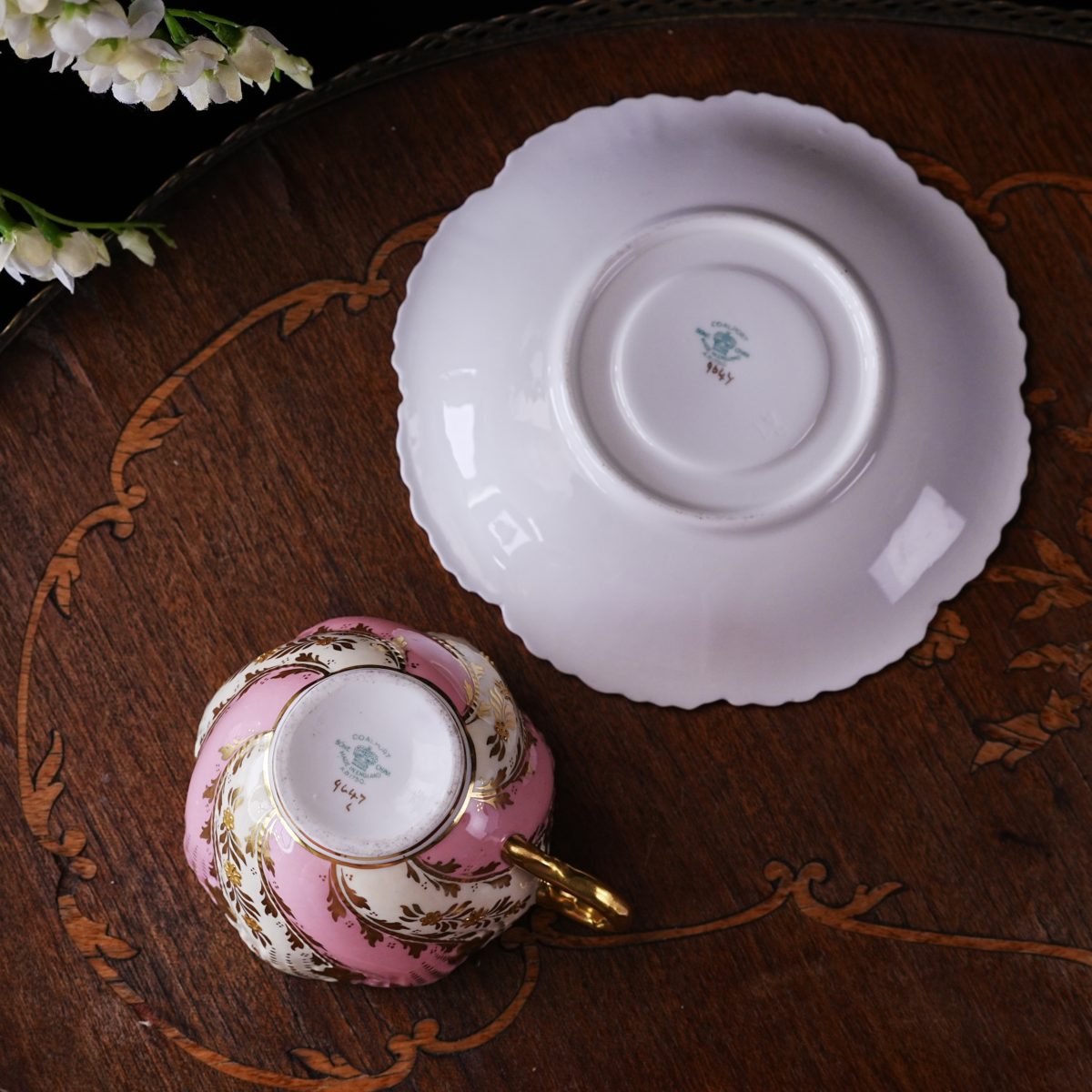 Maker's mark on the base of Vintage Coalport Pink & Gold Jewelled Cabinet Cup and Saucer