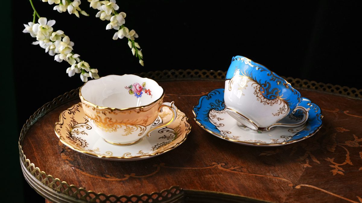 Vintage Coalport Sandringham Teacup and Saucer – Peach or Turquoise Blue, Hand Painted Floral, Heavy Gold Scrollwork, Scalloped, England