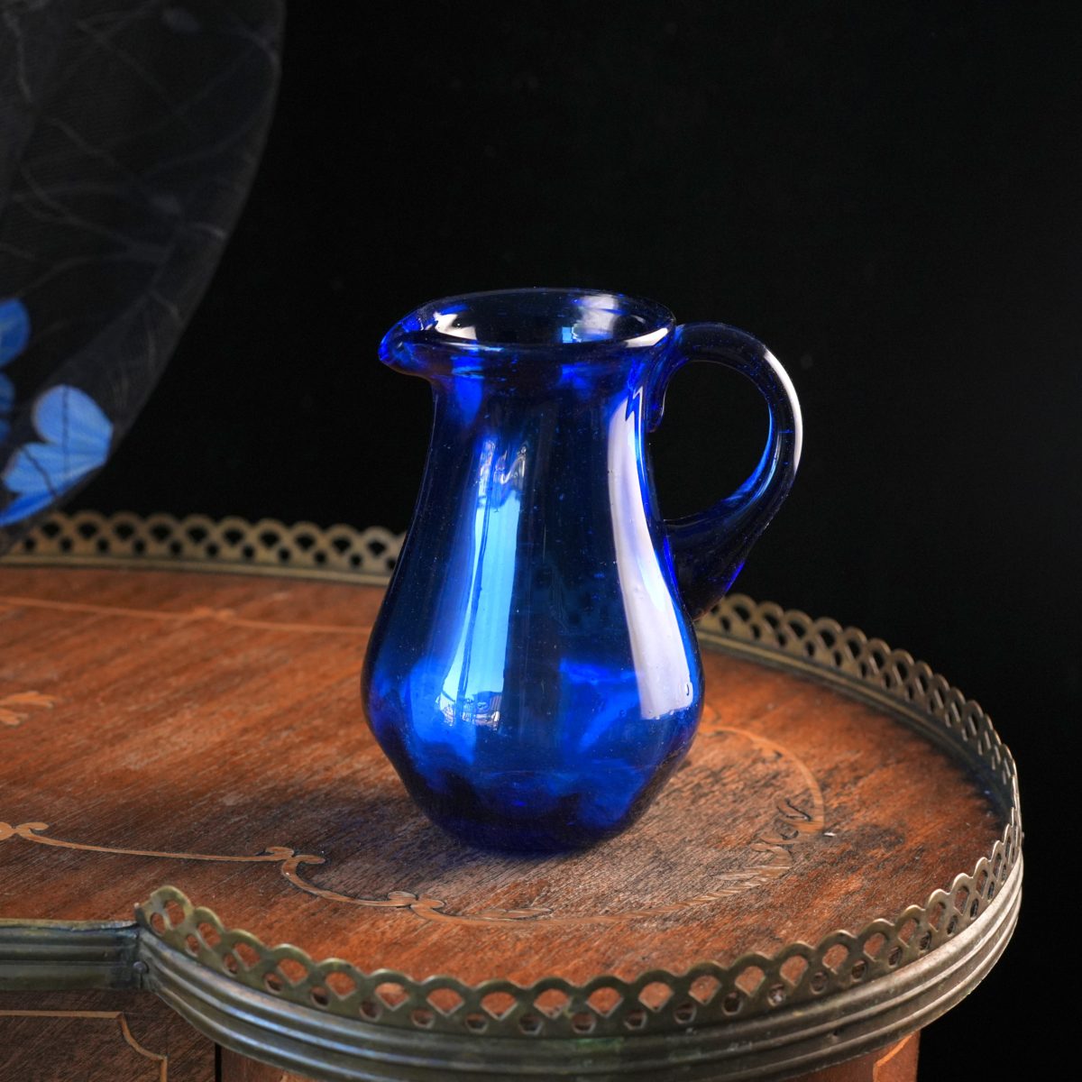 Antique Hand Blown Cobalt Blue Glass Cream Jug – Rough Pontil Base, Seed Bubbles, Applied Handle, Pinched Pouring Spout, Small Pitcher