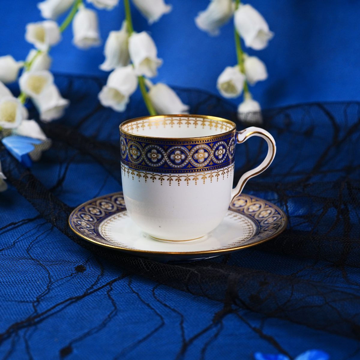Vintage English Cobalt Blue & Gold Demitasse Cup & Saucer – Medallion Band, Pendant Drop Motif, Gilt Trim, Fine Bone China, England 1930s