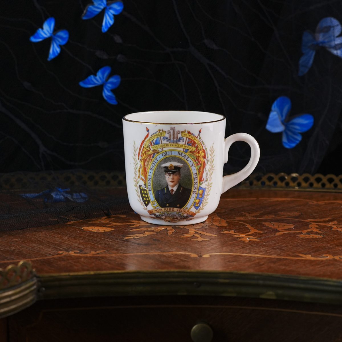 Antique Edward Prince of Wales Investiture Mug – Caernarvon Castle, Naval Portrait, Ich Dien Feathers, Royal Commemorative England, 1911