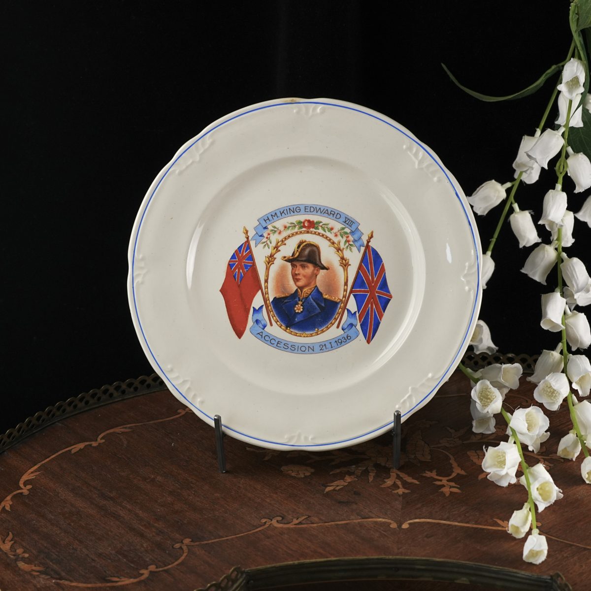 Vintage King Edward VIII Accession Plate – Royal Navy Bicorne Portrait, Red Ensign Union Jack Flags, Blue Line Rim, Made in Britain 1936
