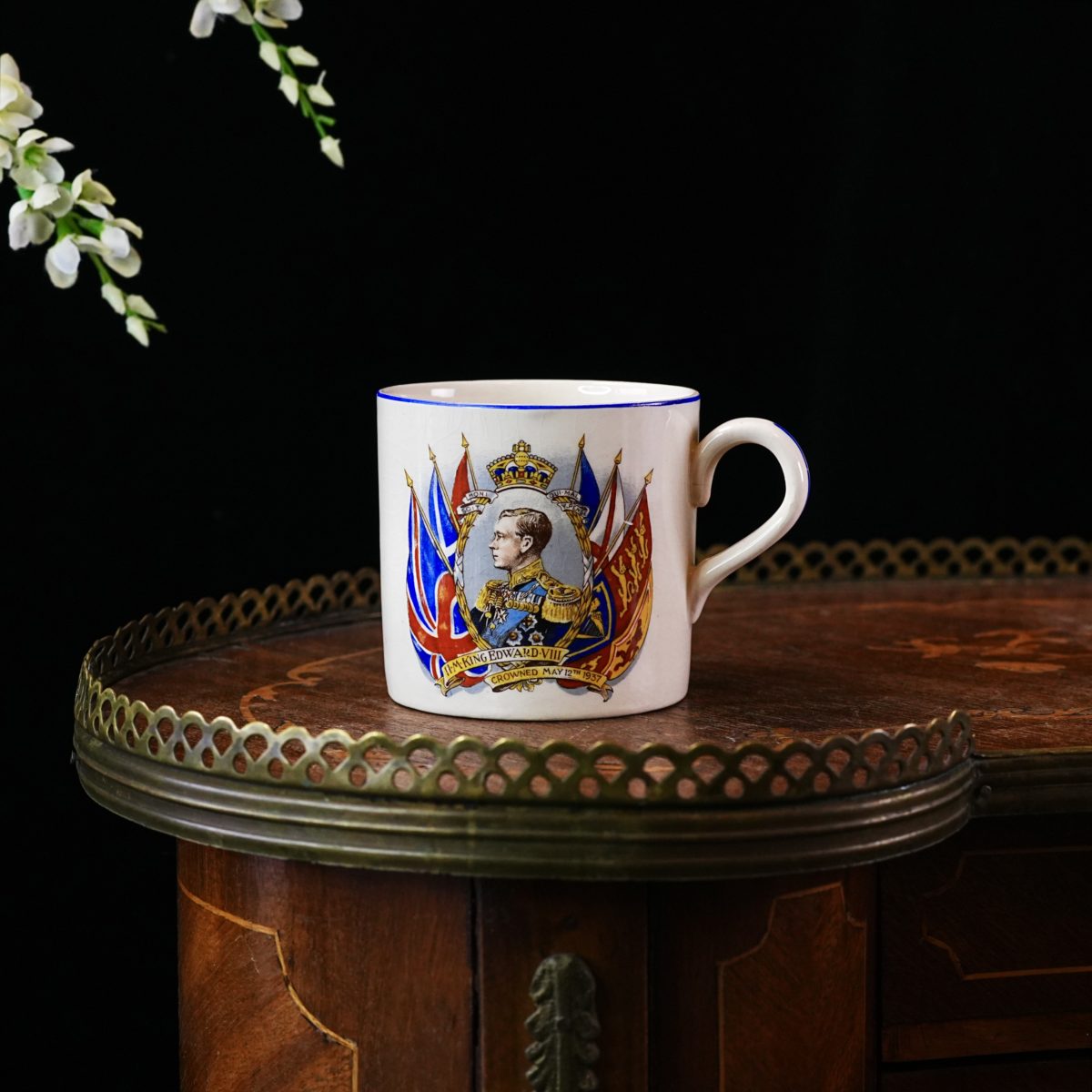 Antique Edward VIII Coronation Mug 1937 – Midwinter Burslem, "The Coronation That Never Was," Drum Shape, Cobalt Blue Rim, England 1936