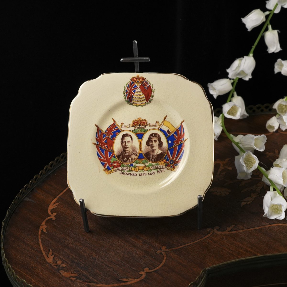 Vintage King George VI Queen Elizabeth Coronation Plate – Empire Porcelain Square, Bassano Portraits, Dominion Flags, England 1937