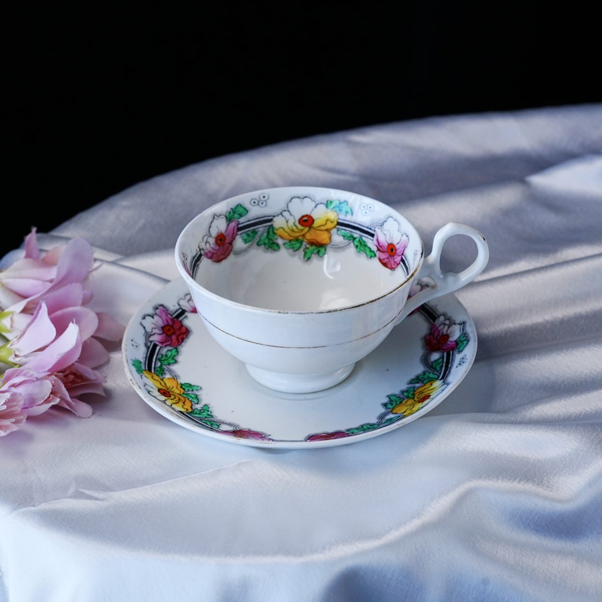 Vintage Art Deco Anemone Teacup and Saucer – Bold Pink Yellow Flowers, Black Geometric Banding, Hand Painted, England 1930s
