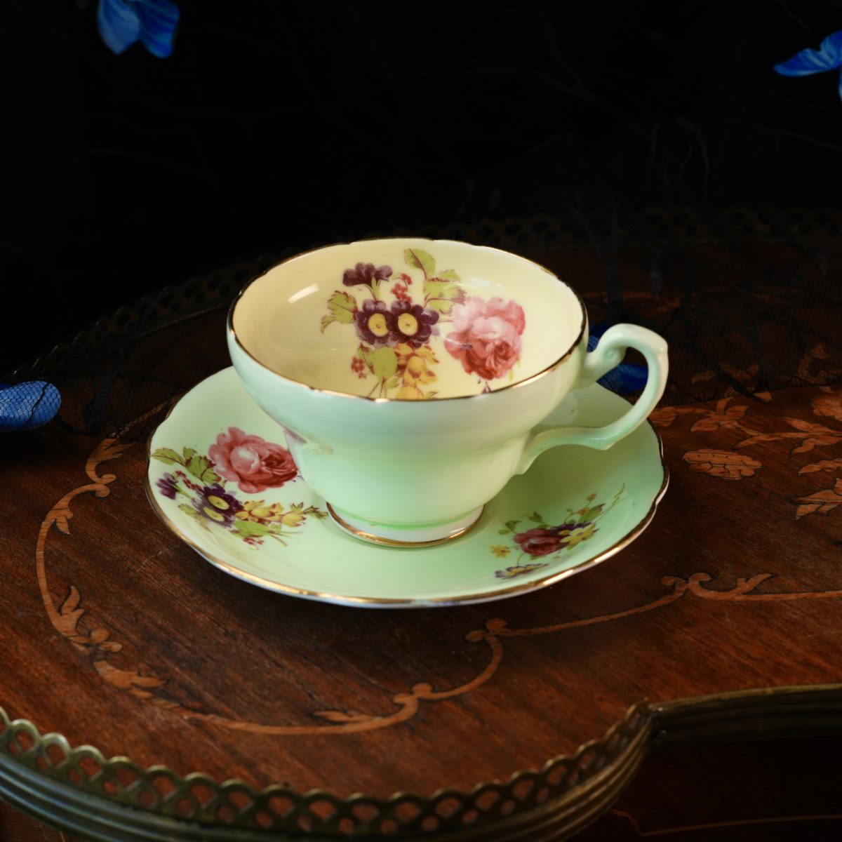 Vintage Foley Bone China Teacup And Saucer – Pale Green Outside, Yellow Inside, Hand Coloured Floral Sprays, E Brain Lion Mark, 1940s