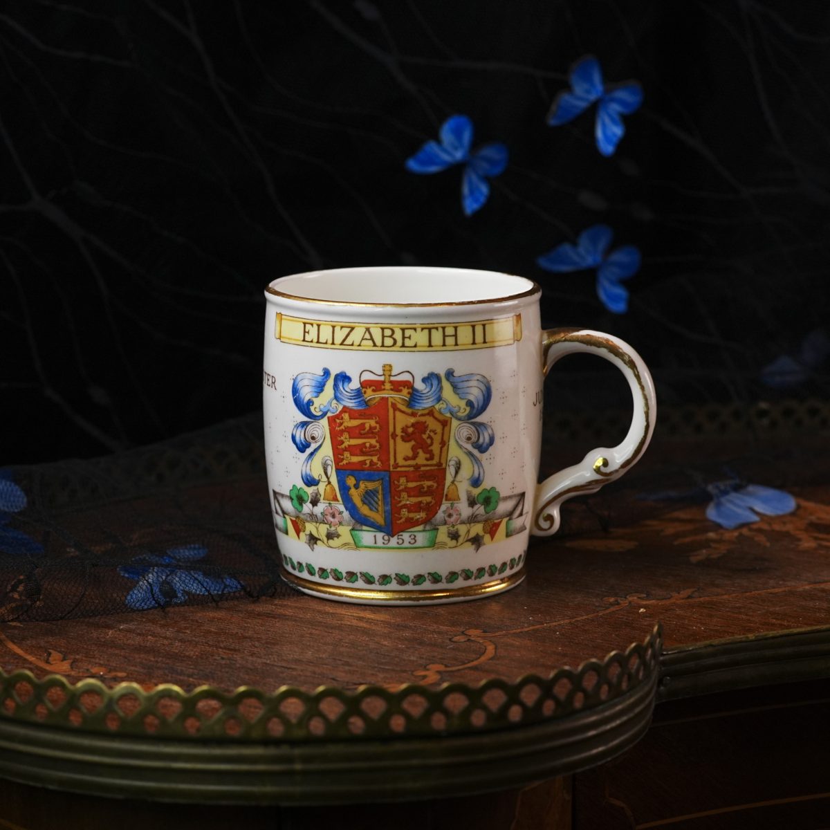Vintage Foley Bone China Coronation Mug Queen Elizabeth II – Westminster Abbey June 2nd Dated Base, Full Colour Hand Tinted Royal Arms 1953