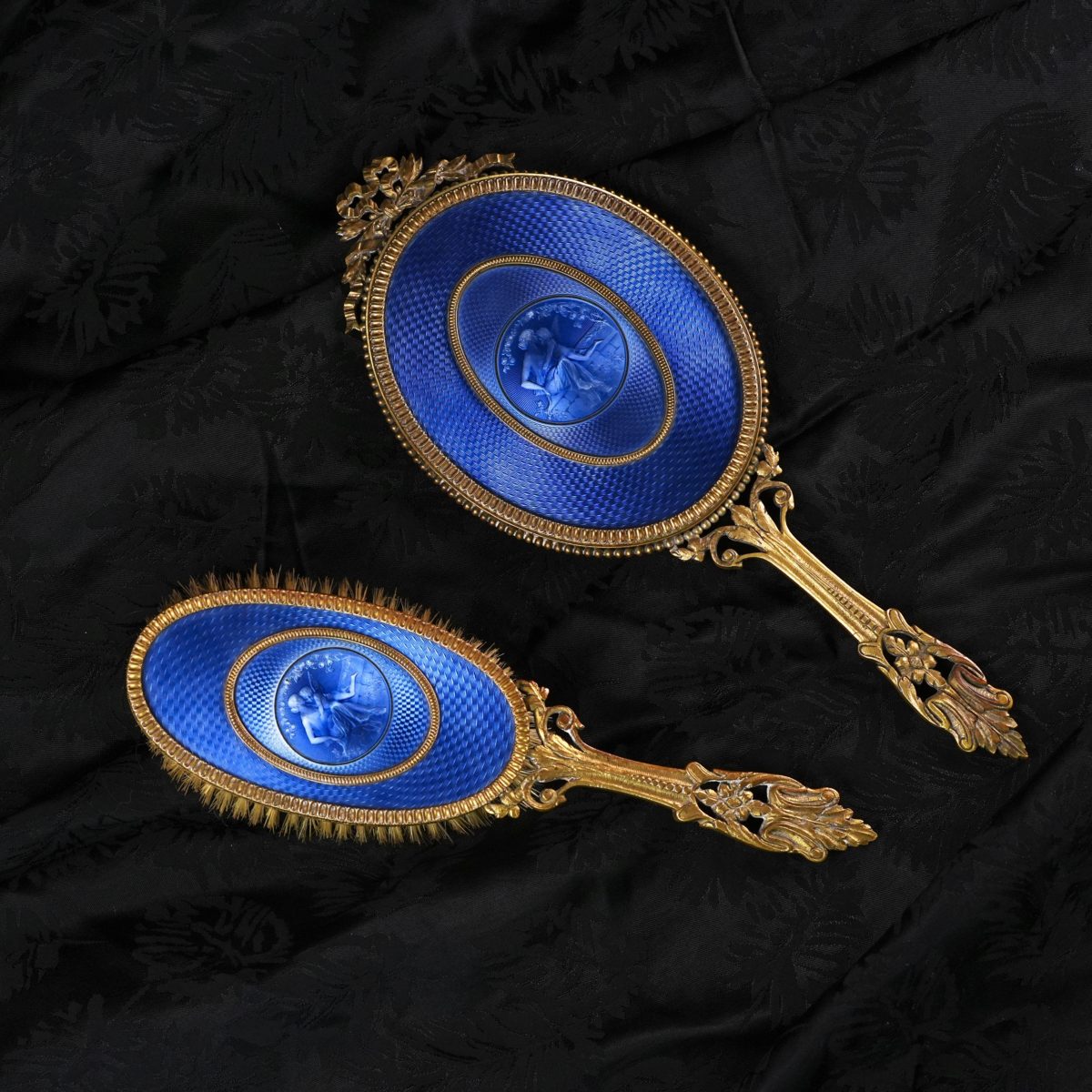 Antique French Guilloché Enamel Ormolu Vanity Set photo 3