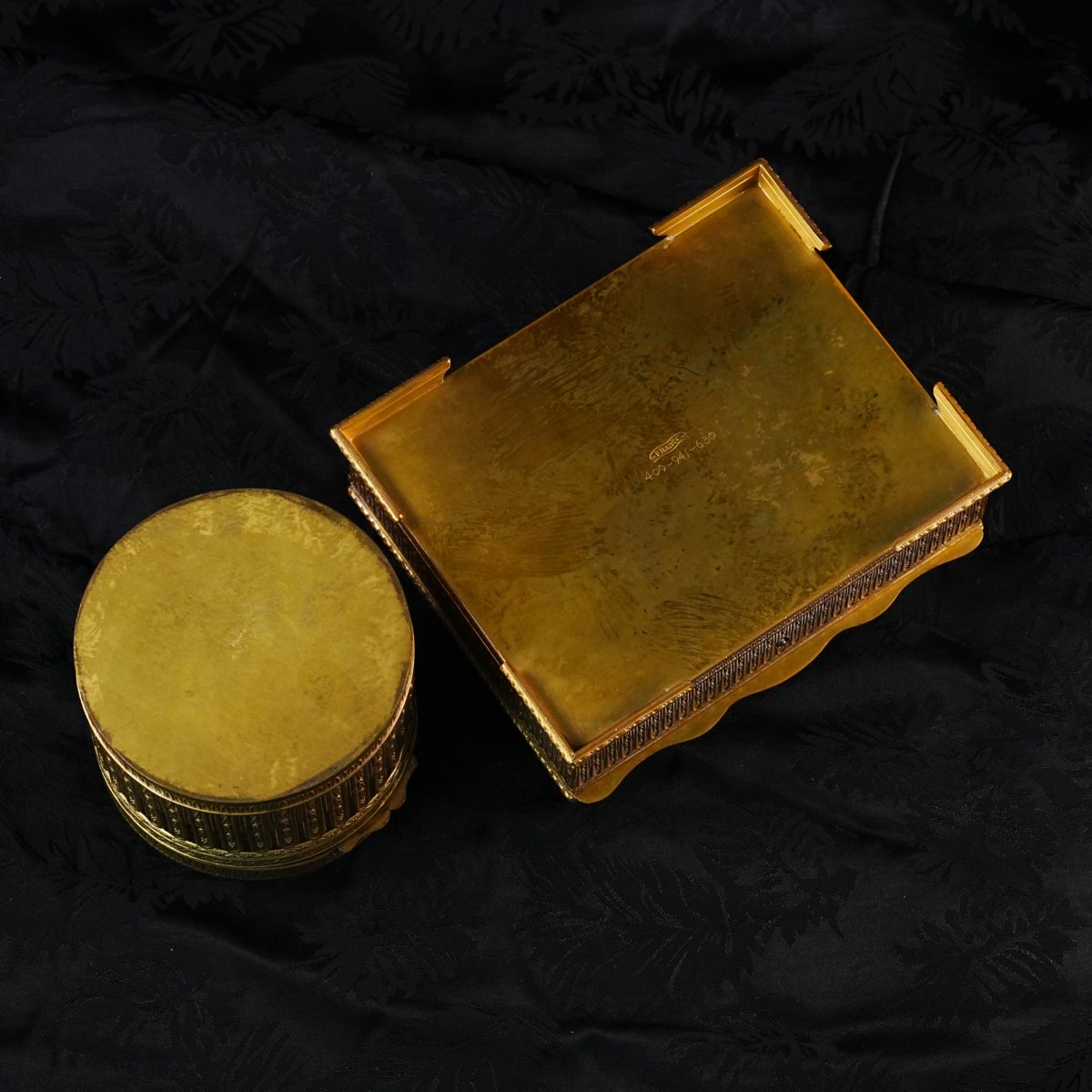 Maker's mark on the base of Antique French Guilloché Enamel Ormolu Vanity Set