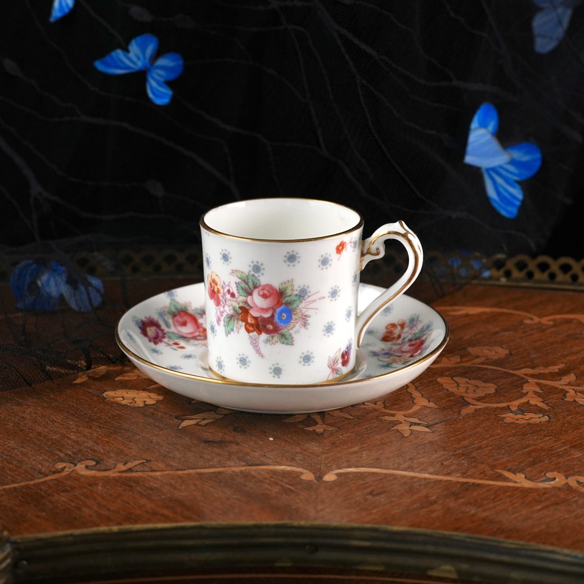 Vintage George Jones Crescent Coffee Can and Saucer – Midsummer Floral, Hand Tinted Bouquets, Gilt Scroll Handle, Bone China England 1930s