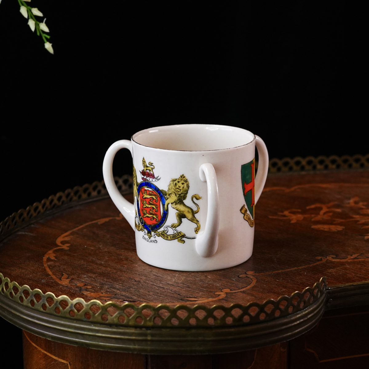 Antique W.H. Goss Three-Handled Loving Cup – Royal Crests & Tintern Abbey, Crested China, Victorian Era, England 1900s