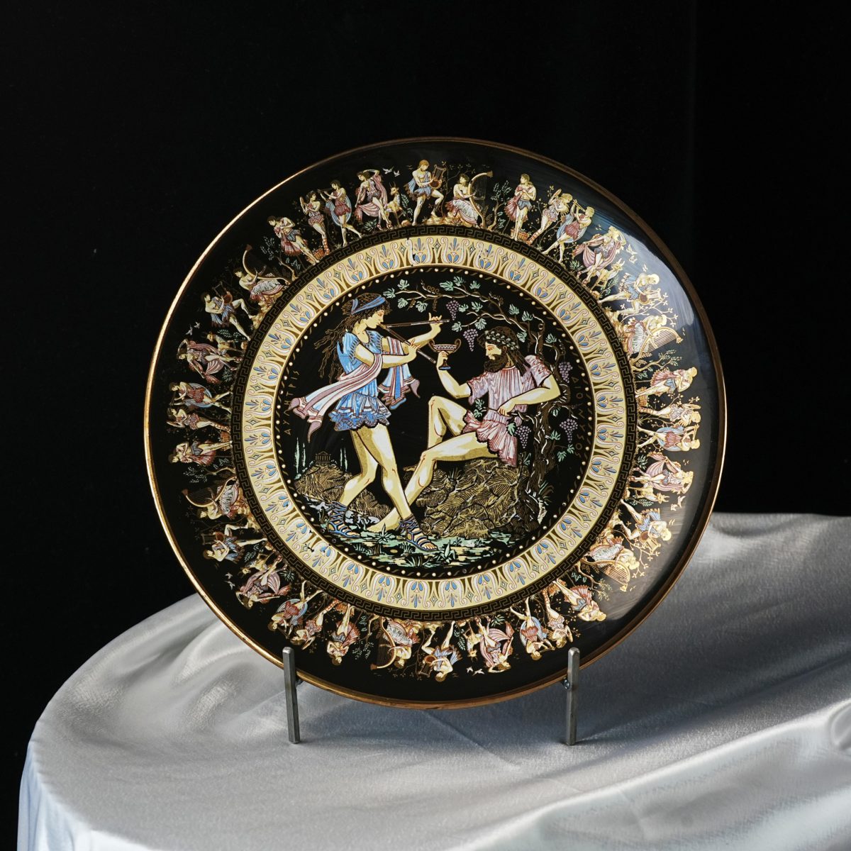 Vintage Greek Mythology Plate – Black & Gold, Satyr & Maenad Dionysus Scene, Greek Key Border, Decorative Wall Plate, Greece 1970s–80s