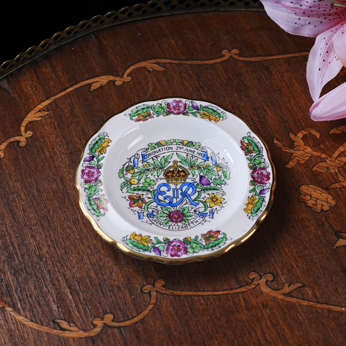Vintage Hammersley Queen Elizabeth II Coronation Dish – Four National Flowers, EIIR Cypher & Crown, Dated Bone China, England 1953
